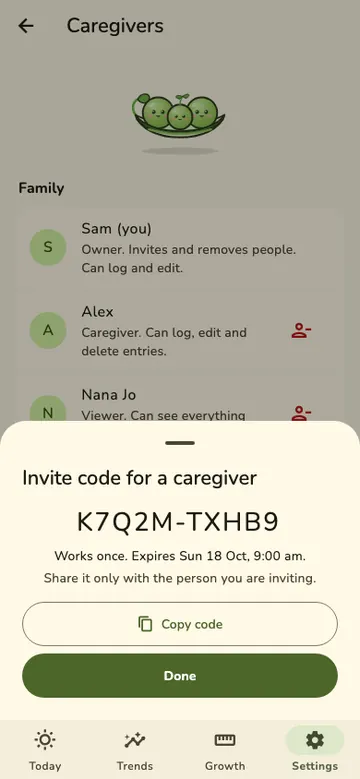The invite sheet: an invite code for a caregiver, K7Q2M-TXHB9, that works once, with Copy code and Done buttons.