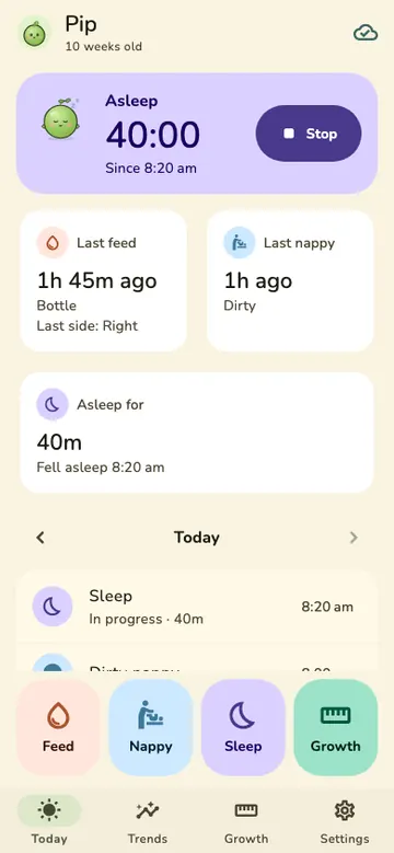 Peabud's Today screen for a baby called Pip, 10 weeks old: a running sleep timer with a Stop button, cards for the last feed and the last nappy, the start of today's timeline, and quick actions for Feed, Nappy, Sleep and Growth.
